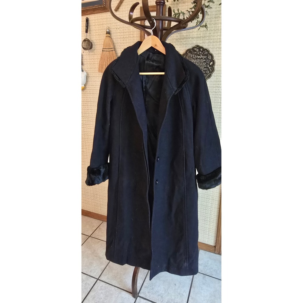 Jones New York Black Wool Blend Long Coat Faux Fur Trim Collar Cuffs Size 4